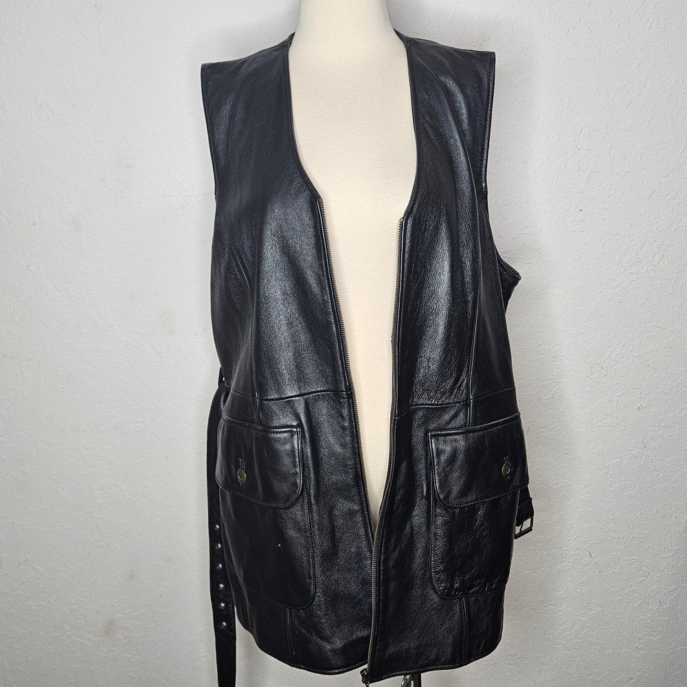 J.L. Colebrook Black Genuine Leather Belted Long Vest 2X Plus Size Vintage 90s - Picture 3 of 11